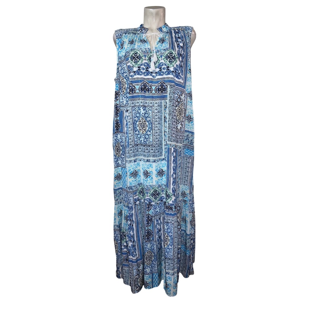 Chico's Blue White Patchwork Mosaic Maxi Dress Tassel Tie Size 3 US 16/18 Lined
